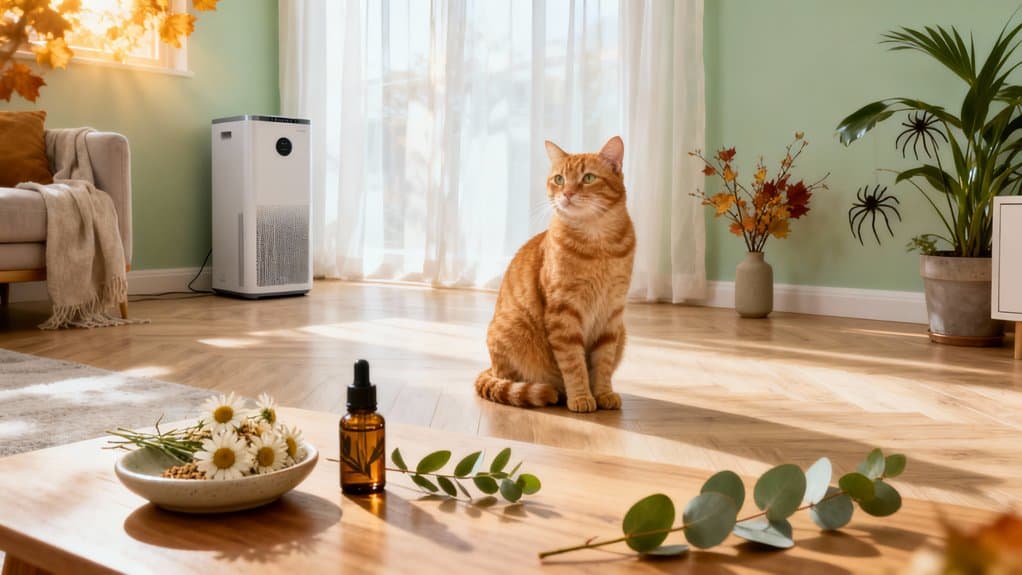 Freshhome cat in cozy living room with natural sunlight, surrounded by plants and pet-friendly essentials, emphasizing feline wellness and home comfort.