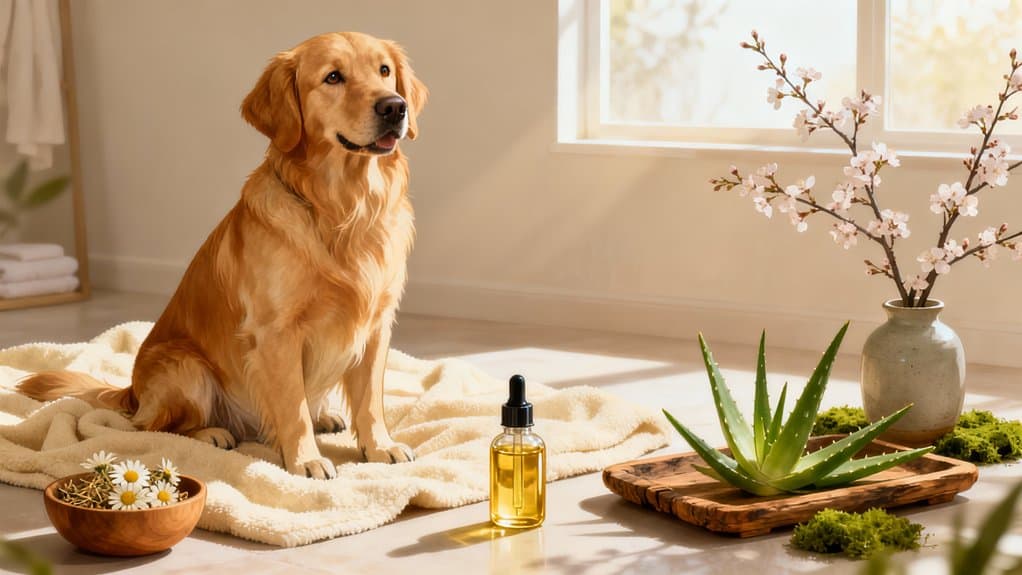 Golden retriever sitting on a cozy blanket in a sunlit room with plants and natural decor, promoting pet health and wellness.