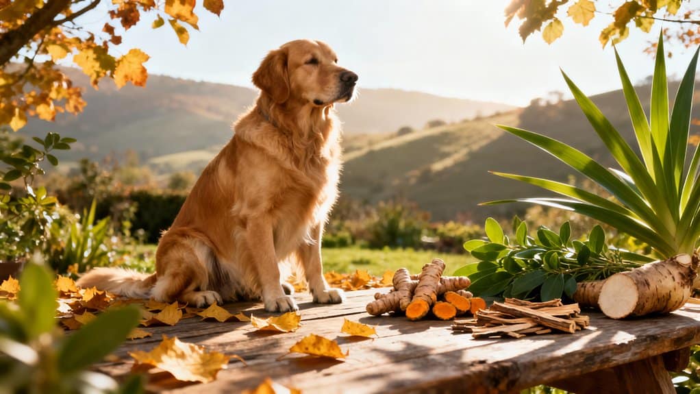 Golden retriever dog sitting on wooden platform outdoors surrounded by fall leaves, in a scenic landscape with rolling hills and autumn trees.