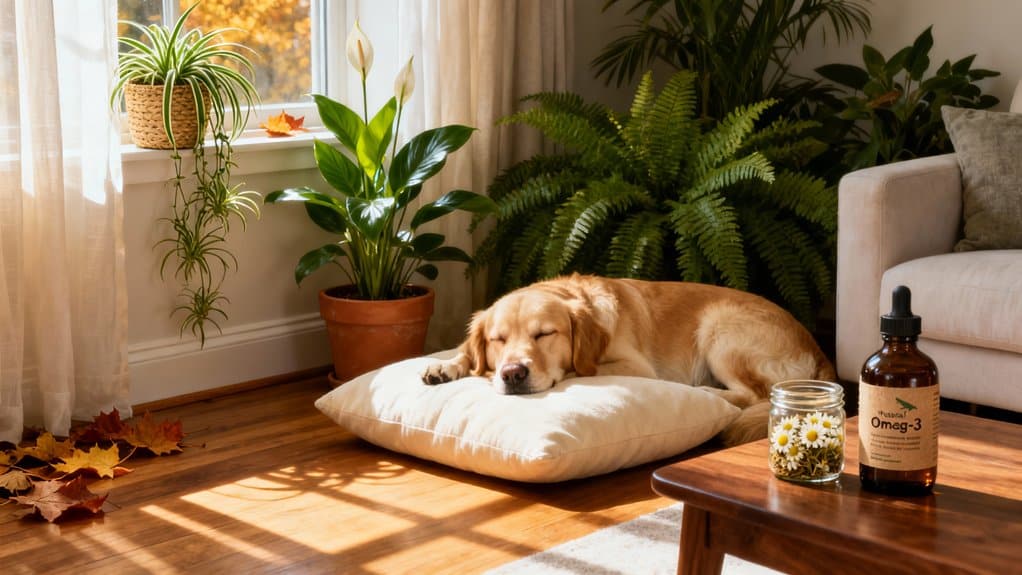 Calm dog resting on a pillow near houseplants by window, promoting pet relaxation and wellness.