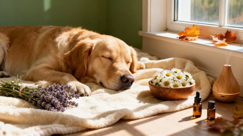 Golden retriever resting on a cozy blanket by the window with essential oils, daisies, and autumn leaves, creating a peaceful pet-friendly home environment, emphasizing pet health and wellness.