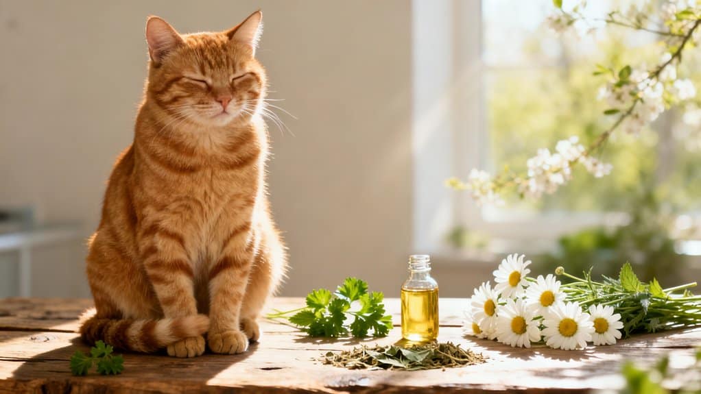 Soothing ginger cat with closed eyes sitting beside herbal remedies and flowers for pet health and wellness care.