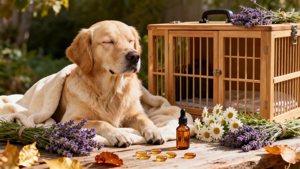 A golden retriever dog relaxing outdoors with a lavender bundle and medicinal supplements, near a wooden pet crate, surrounded by flowers and autumn leaves.