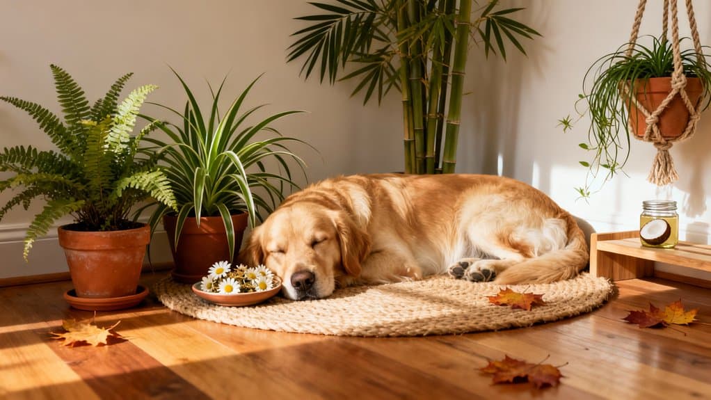 Golden retriever sleeping on a cozy rug with houseplants and autumn leaves, emphasizing pet health and comfort.